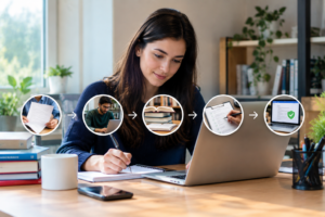 A simple visual showing the essay writing service process in the UK, with clear steps like brief review, writer matching, research, quality checks, and final delivery.