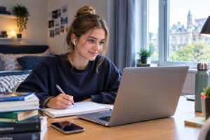 A student receiving fast academic support with a laptop and study notes. urgent coursework help in the UK