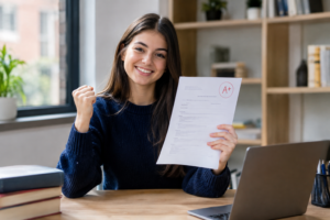 UK student celebrating First Class results after successful dissertation help UK results
